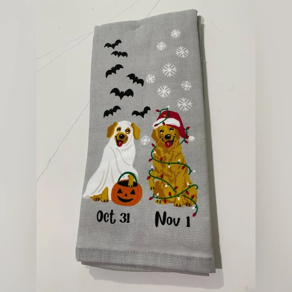 Holiday Dog Themed Gray Towel Golden Retriever two towels
